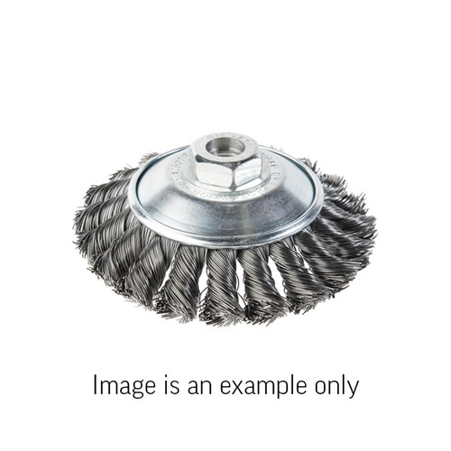 Bevel Brush Twist Knot High Carbon Steel 0.5mm Wire  x 100mm Dia M14 Carded